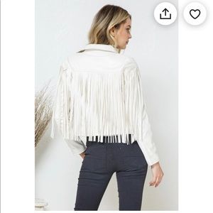 Vegan Leather Moto Fringe Jacket in Ivory